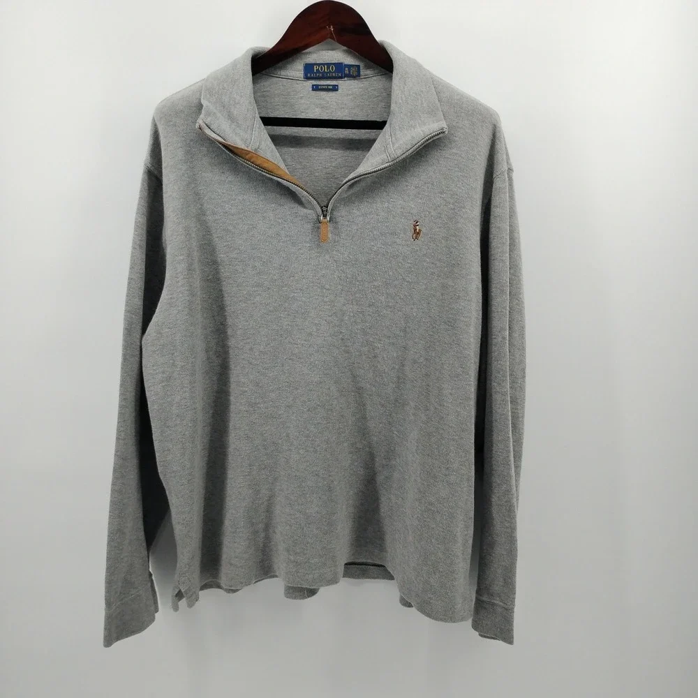 Polo Ralph Lauren Sweater Mens XL Grey Cotton 1/4 Zip Pullover Estate Rib